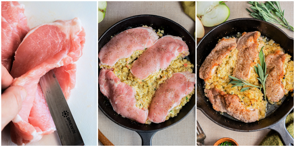 A series of process images showing how to stuff and cook pork chops in a cast iron skillet.