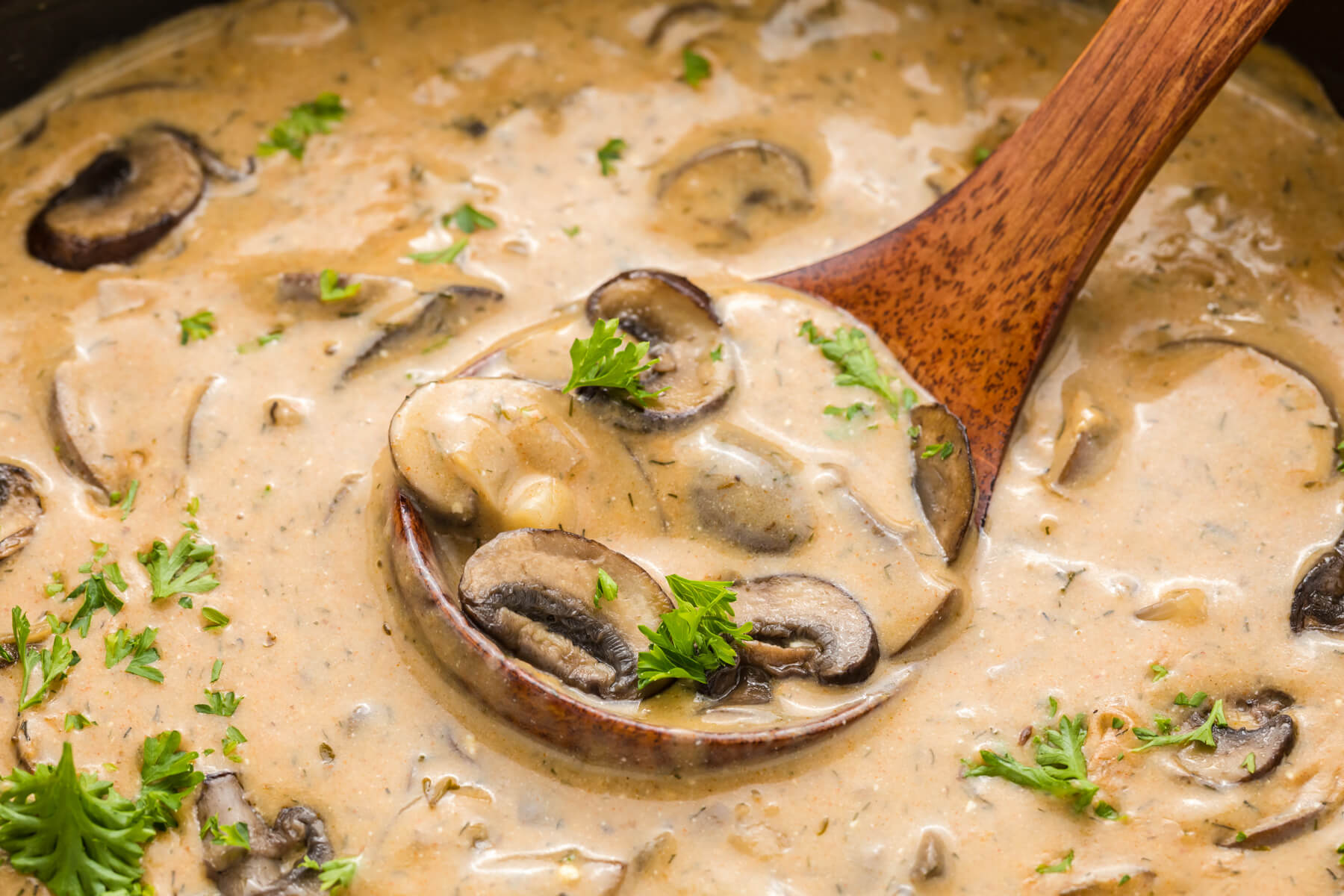 A wooden ladle rests in a black Dutch oven full of rich creamy Hungarian Mushroom Soup topped with vibrant green herbs.