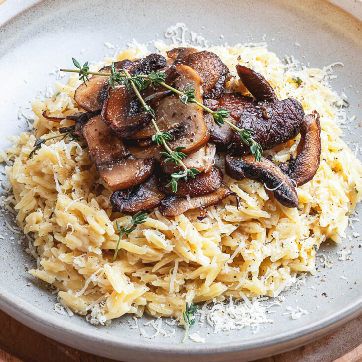 A gray pasta bowl filled with creamy orzo topped with roasted mushrooms and fresh herbs.