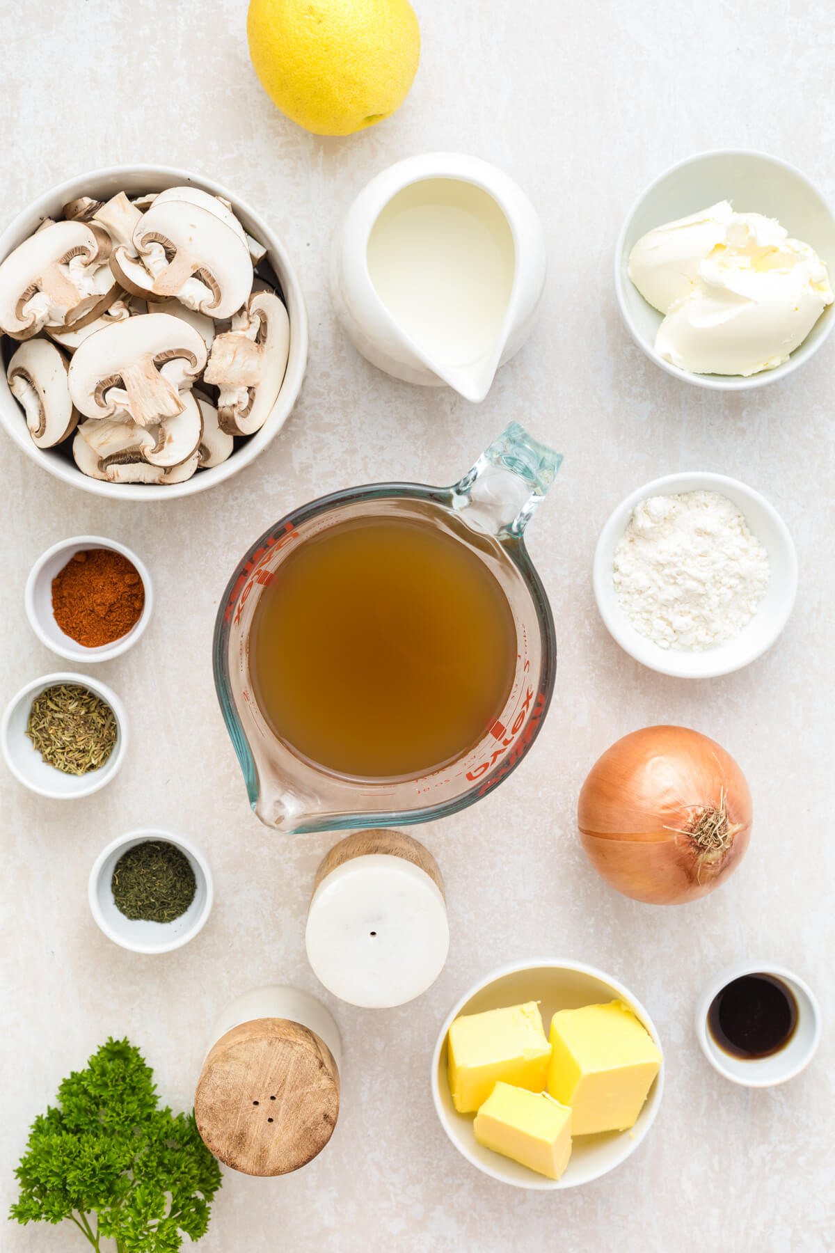 Ingredients required to make Hungarian mushroom soup.