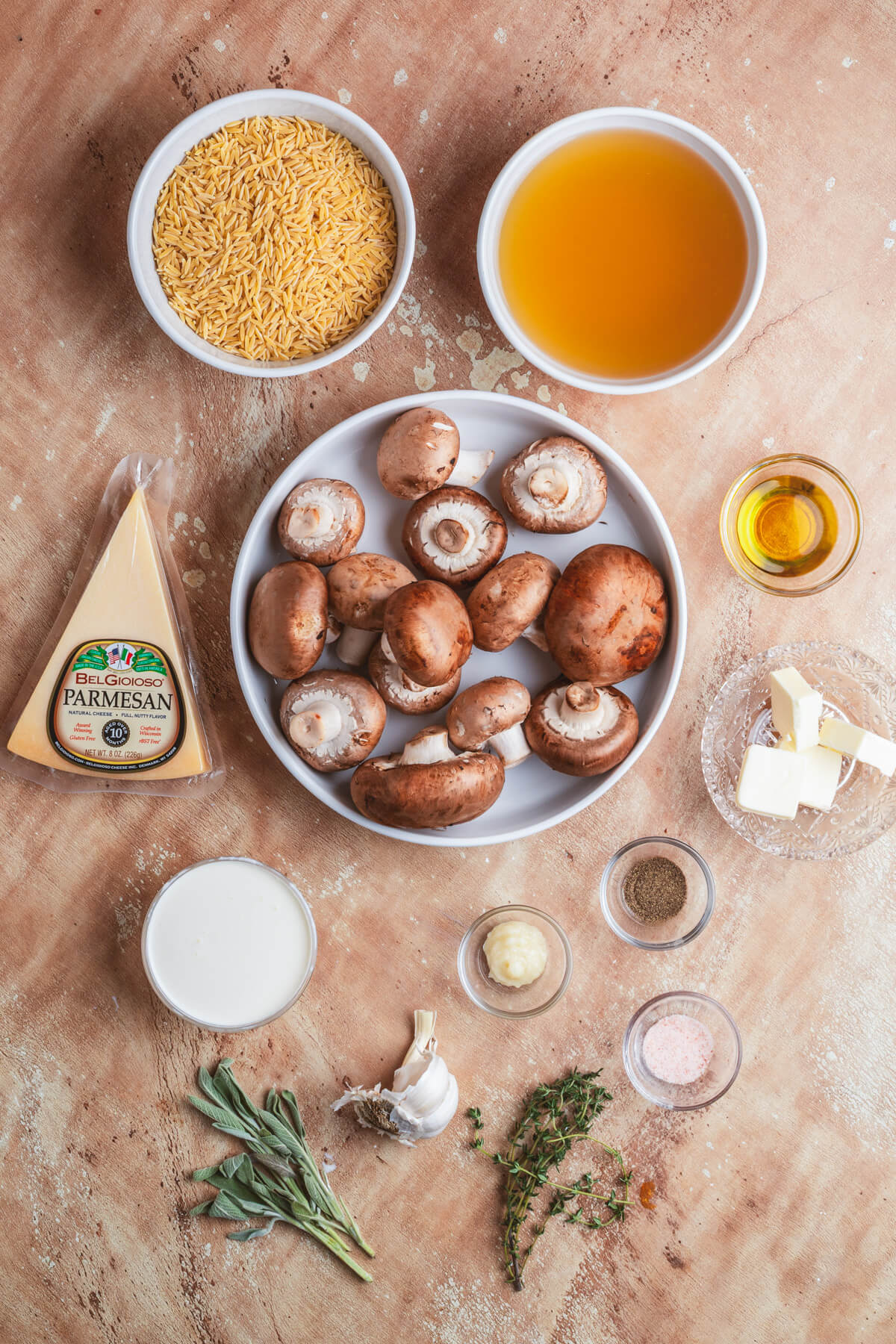 Ingredients required to make creamy Mushroom Orzotto.
