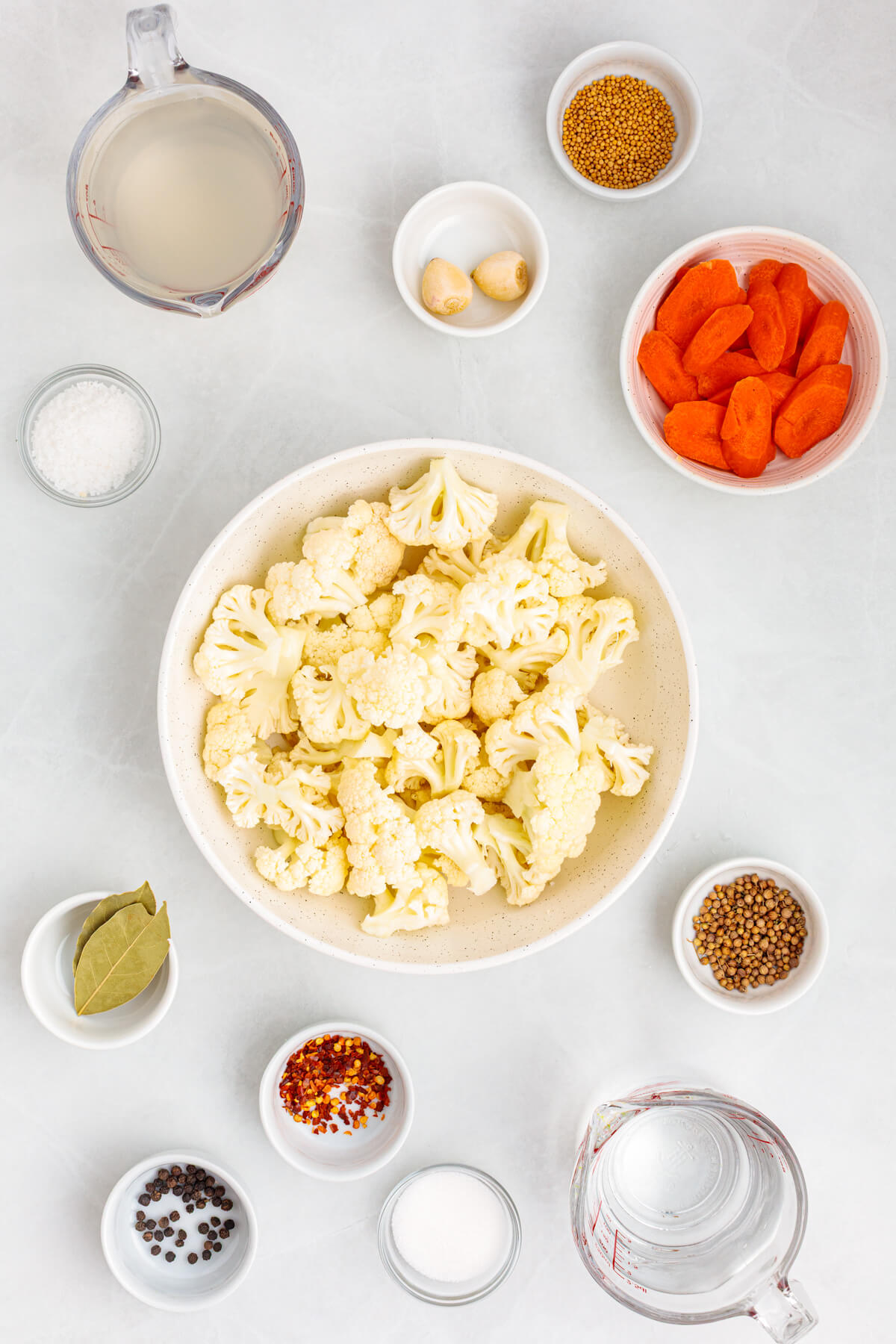 Ingredients required to make quick pickled cauliflower.