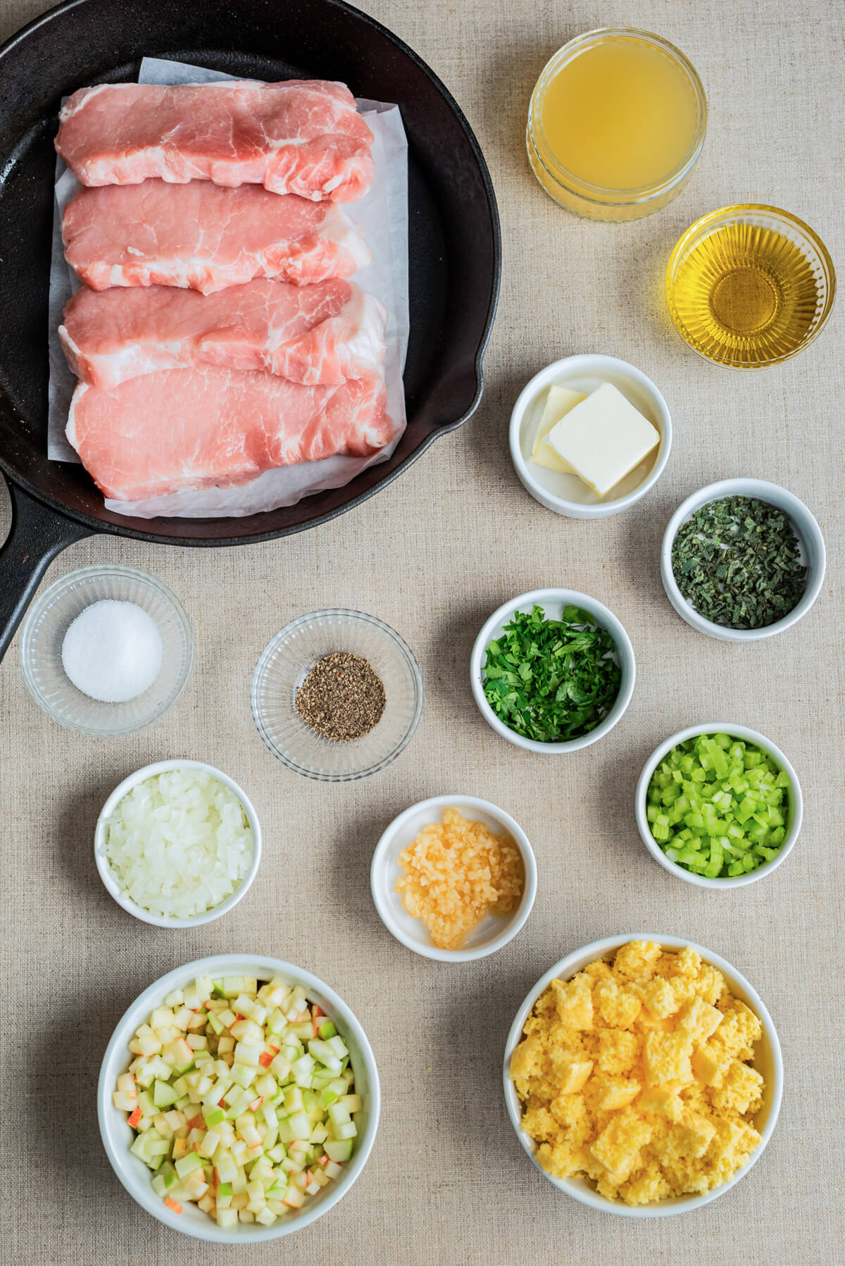 Ingredients required to make stuffed pork chops.