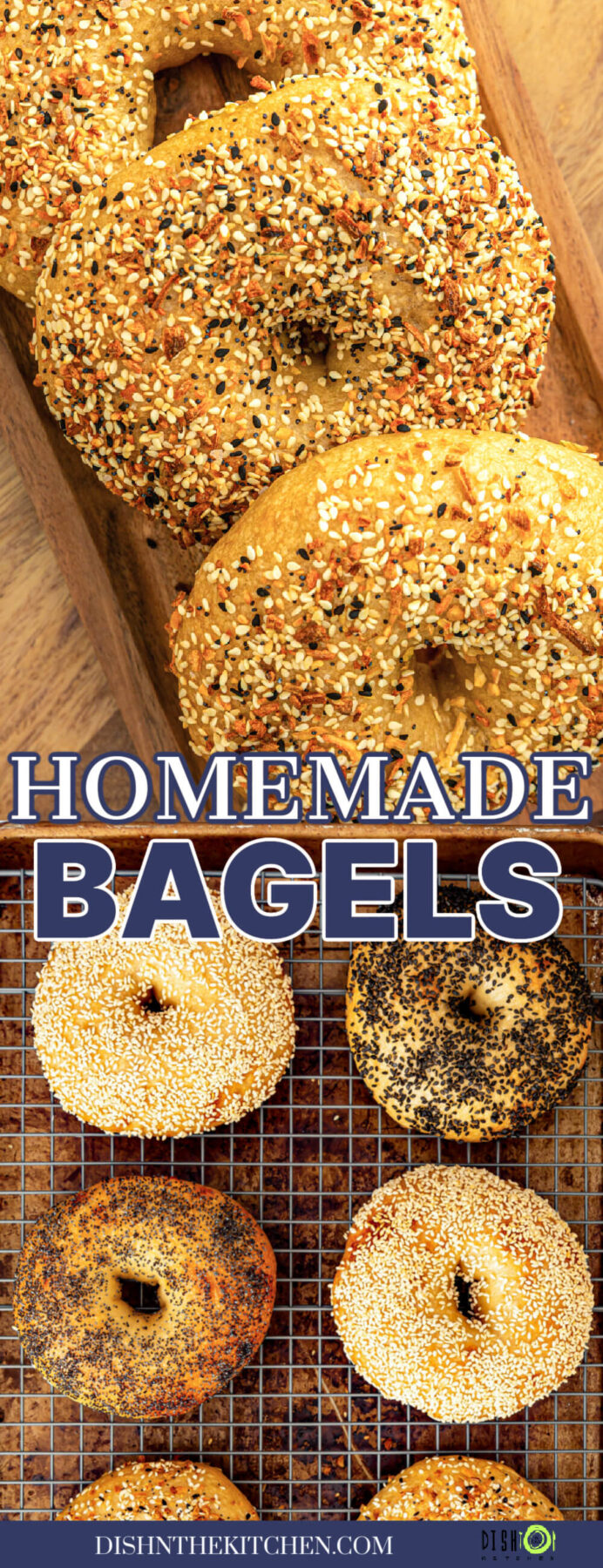 A Pinterest image featuring freshly baked bagels on a wooden board and on a wire cooling rack.
