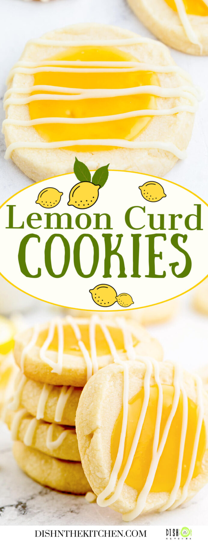 Pinterest image featuring serveral shortbread cookies filled with bright yellow lemon curd and white chocolate drizzle.