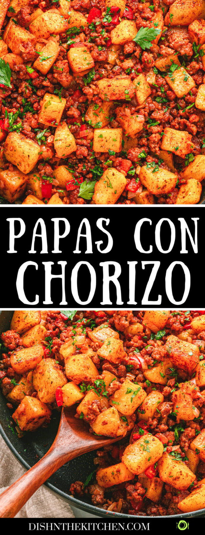 Pinterest image of a skillet full of vibrant papas con chorizo containing red peppers, potatoes, chorizo and cilantro as garnish.