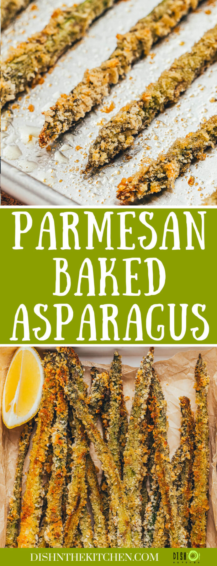 Pinterest image featuring crispy golden baked asparagus fries on a parchment lined serving tray with a lemon wedge on the side.