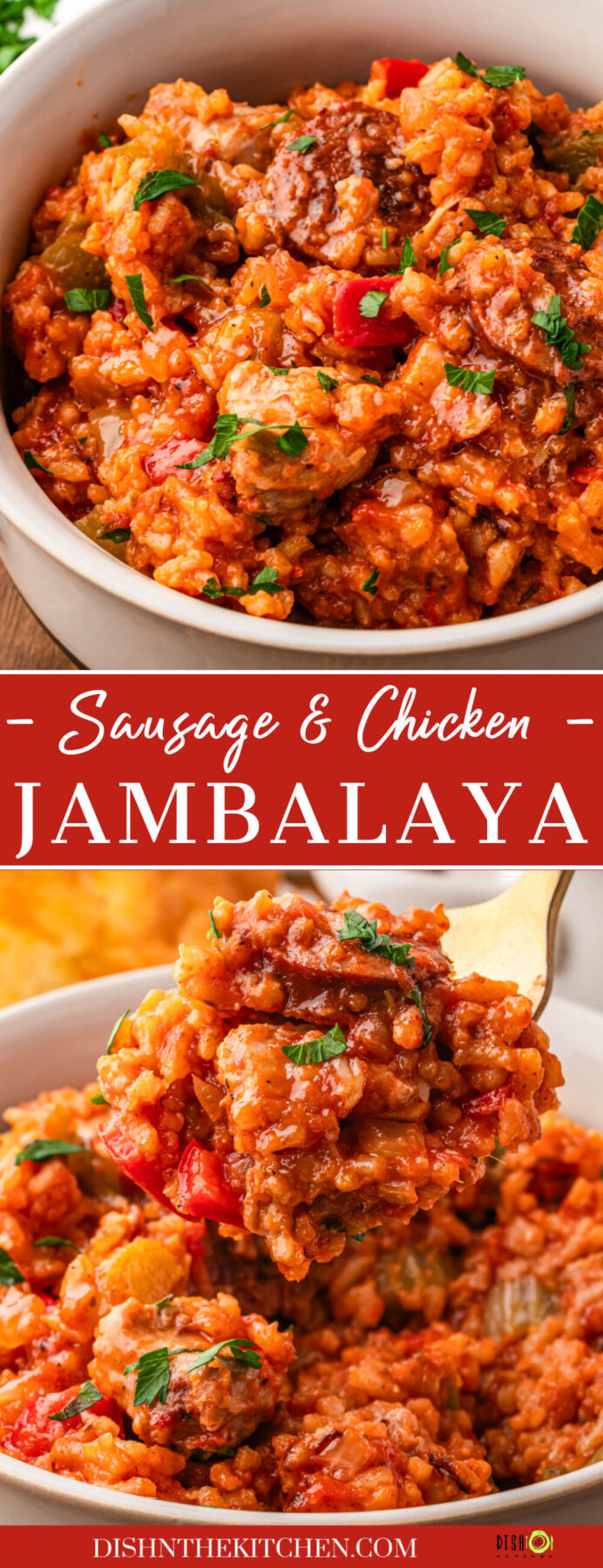 Pinterest image featuring two bowls of vibrant red sausage chicken jambalaya with red and green bell peppers garnished with fresh parsley.