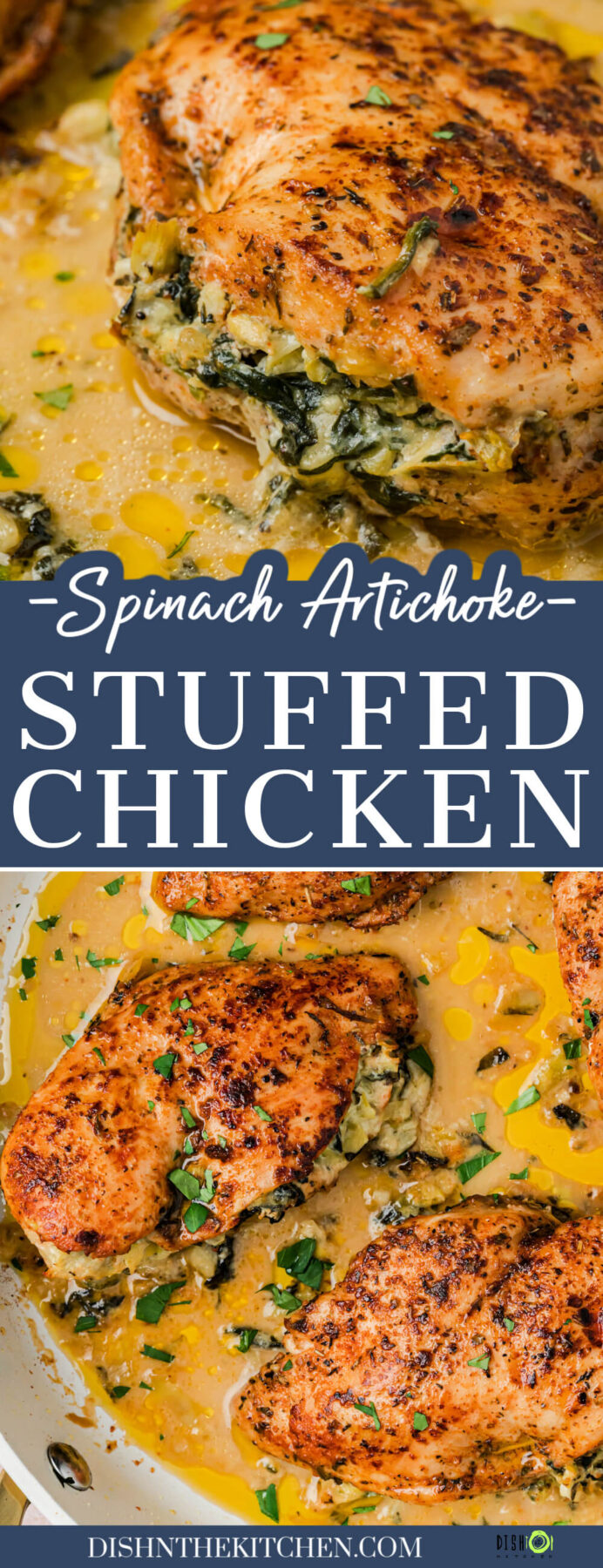 Pinterest image featuring golden seared chicken breasts stuffed with creamy spinach and artichoke stuffing.