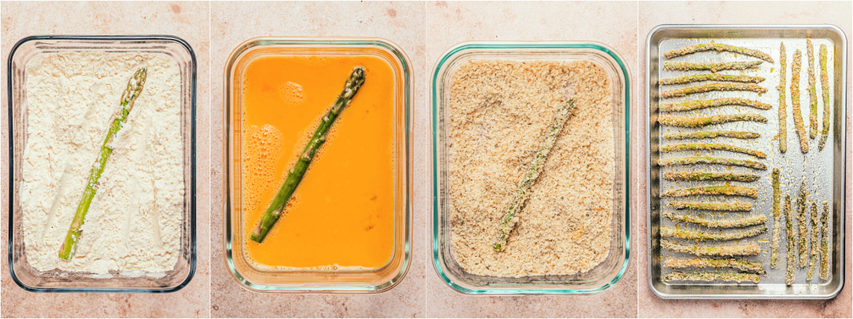 A series of process images showing how to dredge asparagus before baking.