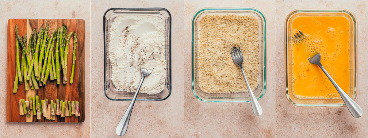A series of process images showing how to prepare and a dredge station for Baked Asparagus.