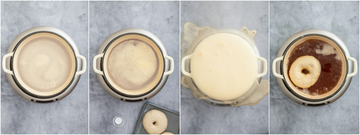  A series of process images showing how to proof and boil bagels.