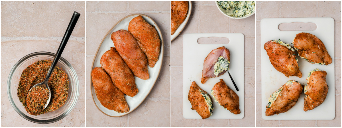A series of process images showing how to season and stuff spinach artichoke stuffed chicken breasts.