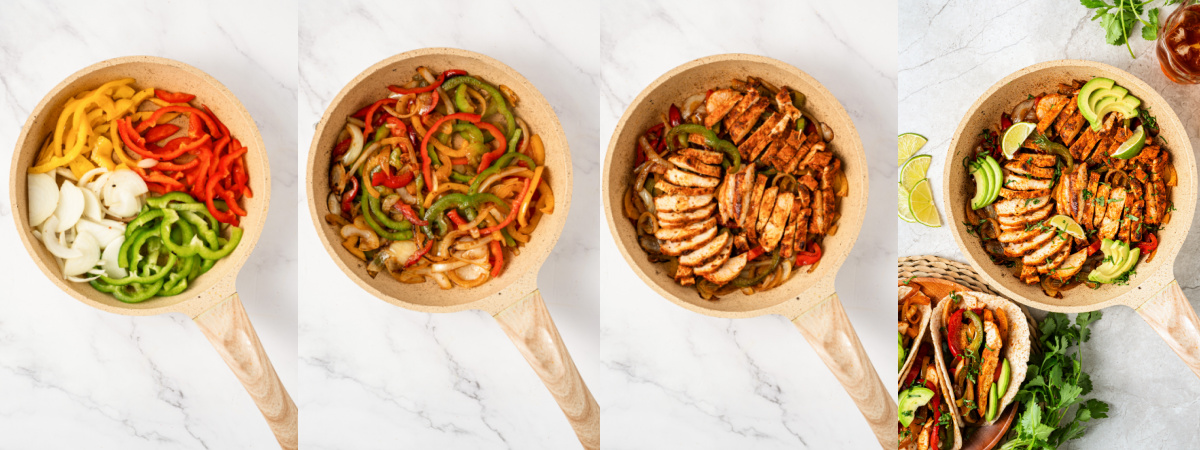 A series of process images showing how to saute bell peppers and onions for chicken fajitas.