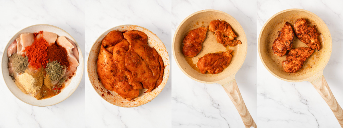 A series of process images showing how to season and cook chicken breasts in a skillet.