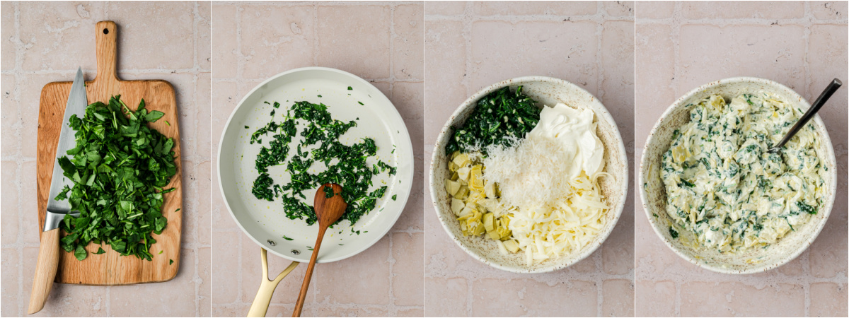 A series of proces images showing how to make spinach artichoke filling.