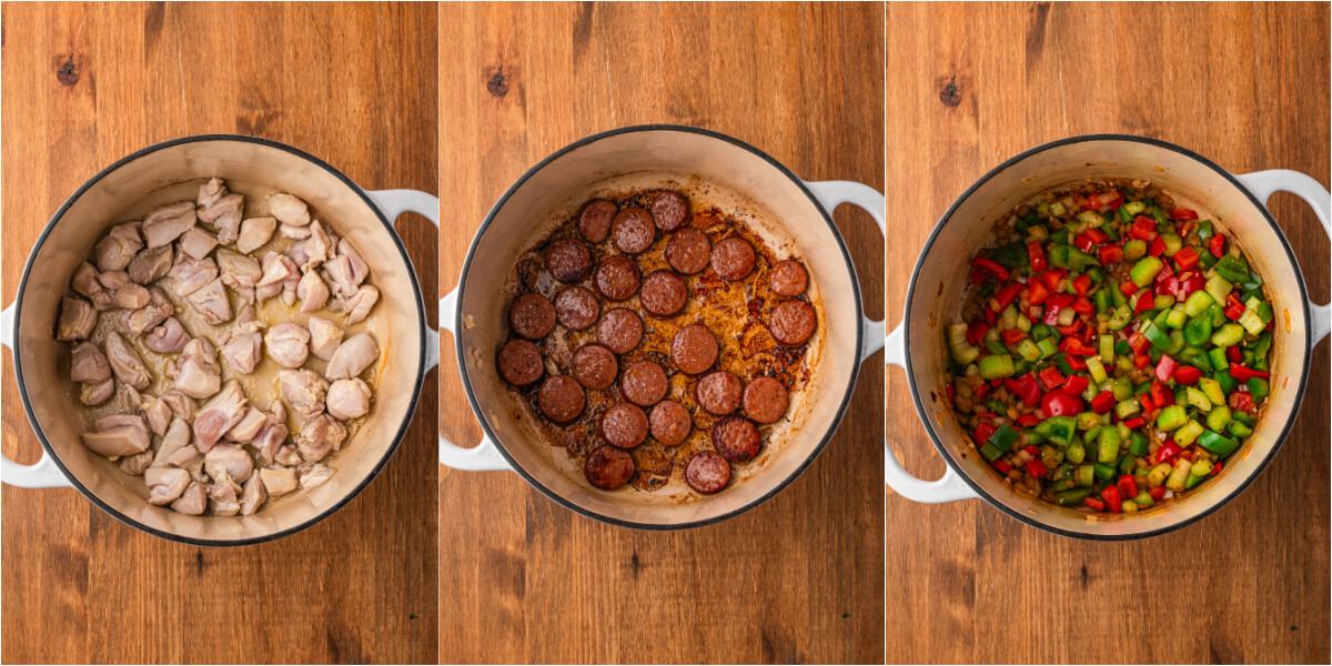 A series of process images showing how to cook the chicken, sausage, and aromatics for jambalaya.