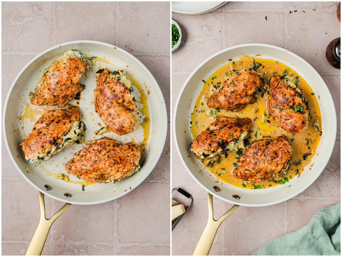 A series of process images showing how to sear and cook spinach artichoke stuffed chicken.