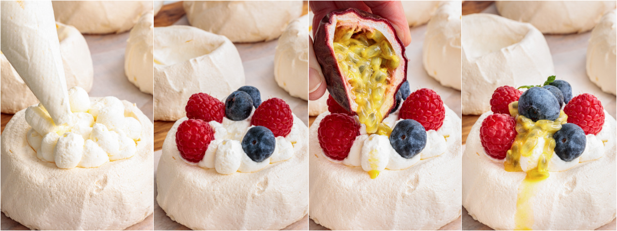 A series of process images showing how to finish mini pavlovas with cream, fresh berries and passionfruit pulp.