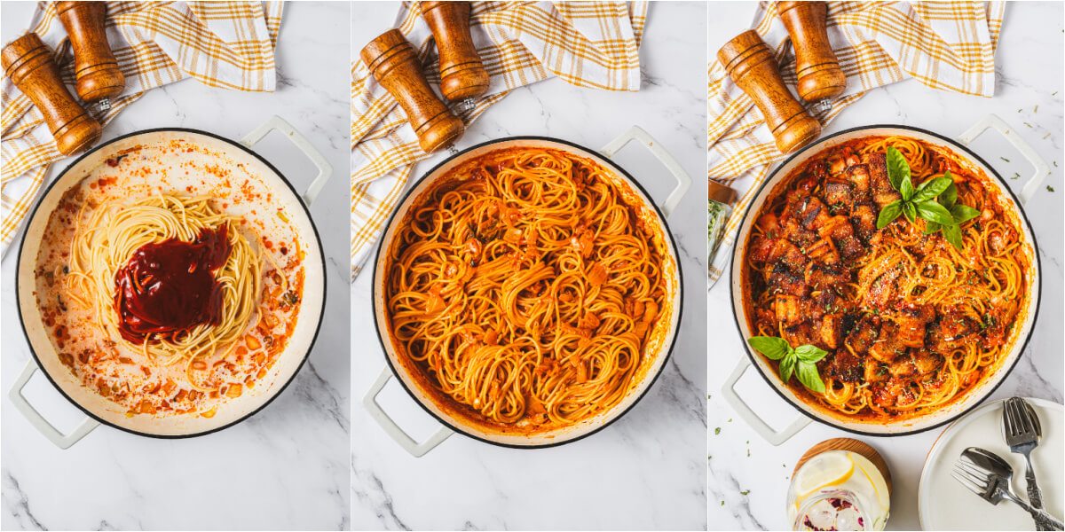 A series of process images showing how to mix pasta with kimchi and gochujang sauce.