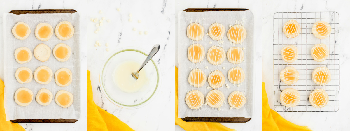 A series of process images showing how to bake, fill, and drizzle lemon curd cookies.
