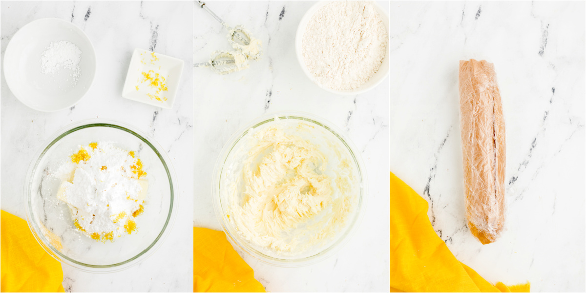 A series of process images showing how to mix up the dough for lemon curd cookies.