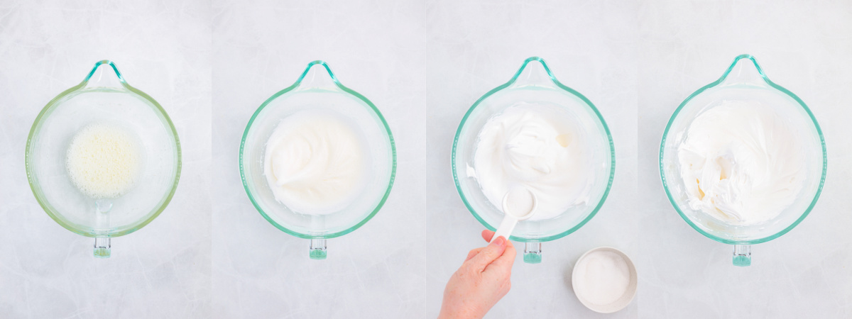A series of process images showing how to whip and stabilize egg whites.