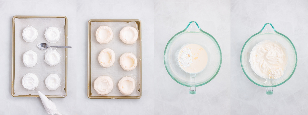 A series of process images showing how to pipe, bake and fill mini pavlovas.