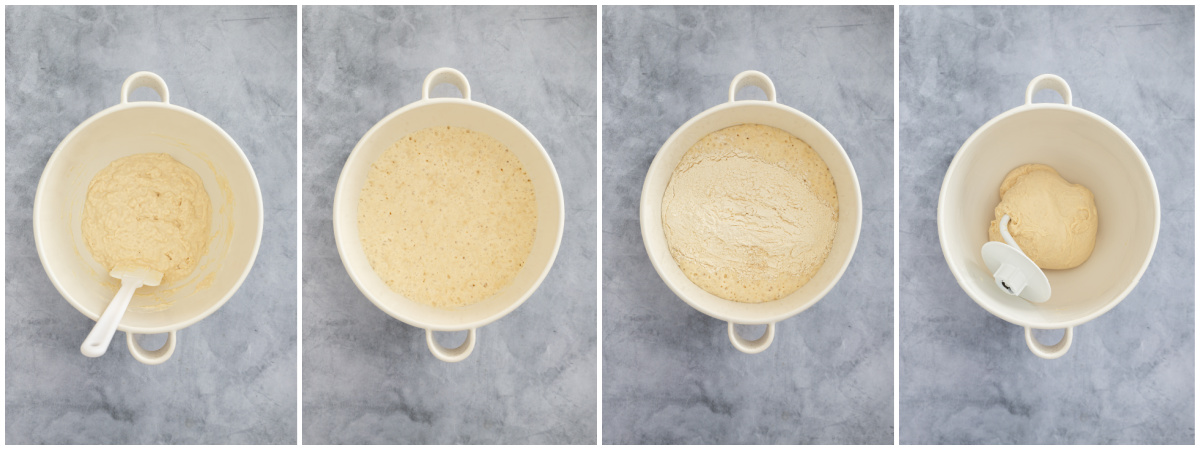 A series of process images showing how to mix bagel dough.