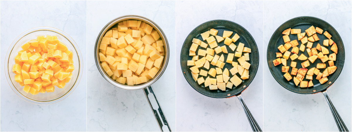 A series of process images showing how to cut and cook potatoes for papas con chorizo.