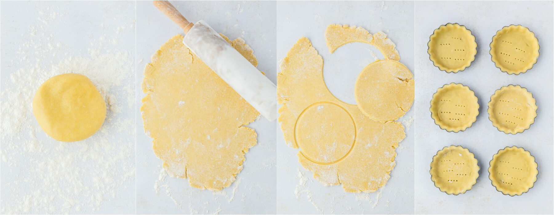 A series of process images showing how to roll and fit pastry into tart shells.