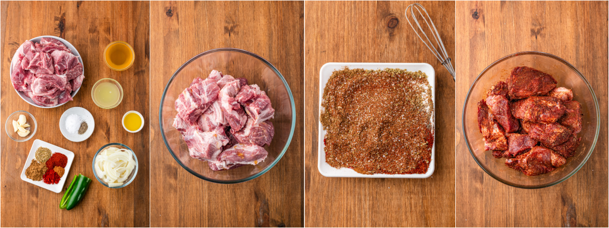 A series of process images showing how to season pieces of pork shoulder to make slow cooker carnitas.