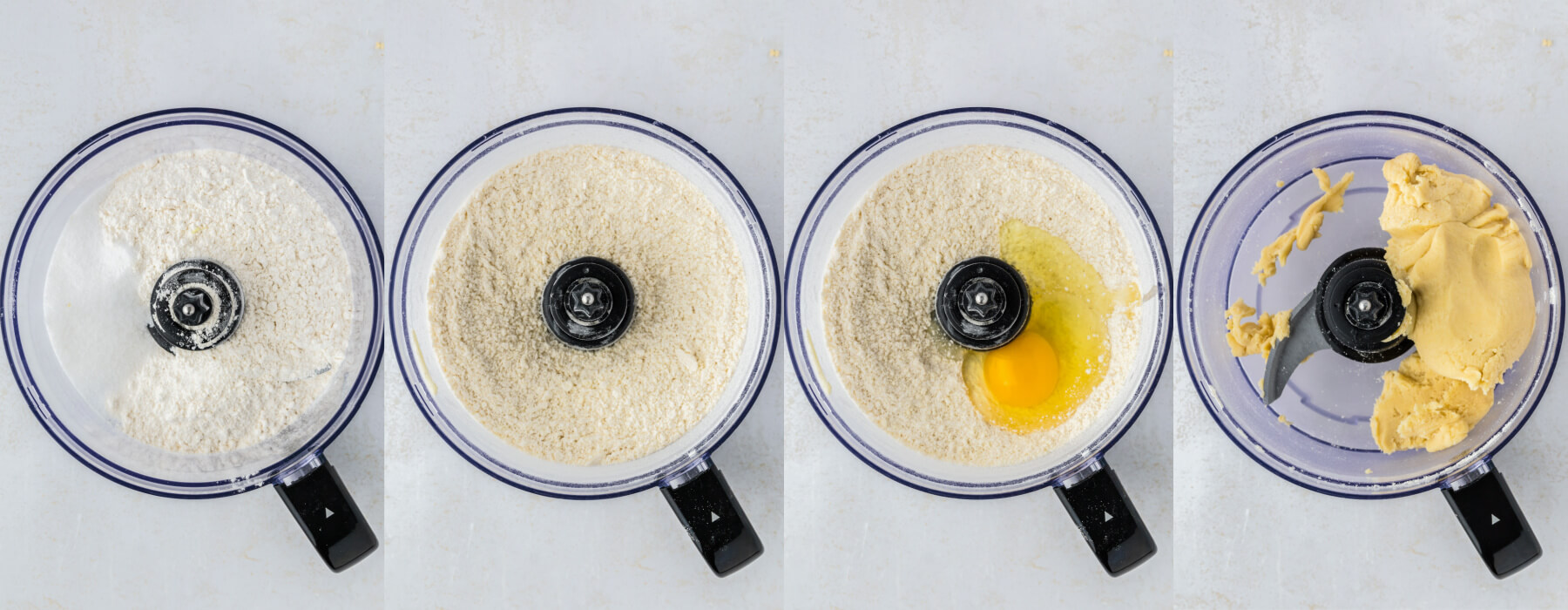 A series of process images showing how to make shortcrust in a food processor.