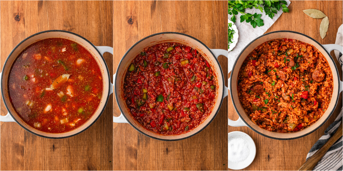 A series of process photos showing how to make the sauce and cook rice in a Dutch oven for Jambalaya.