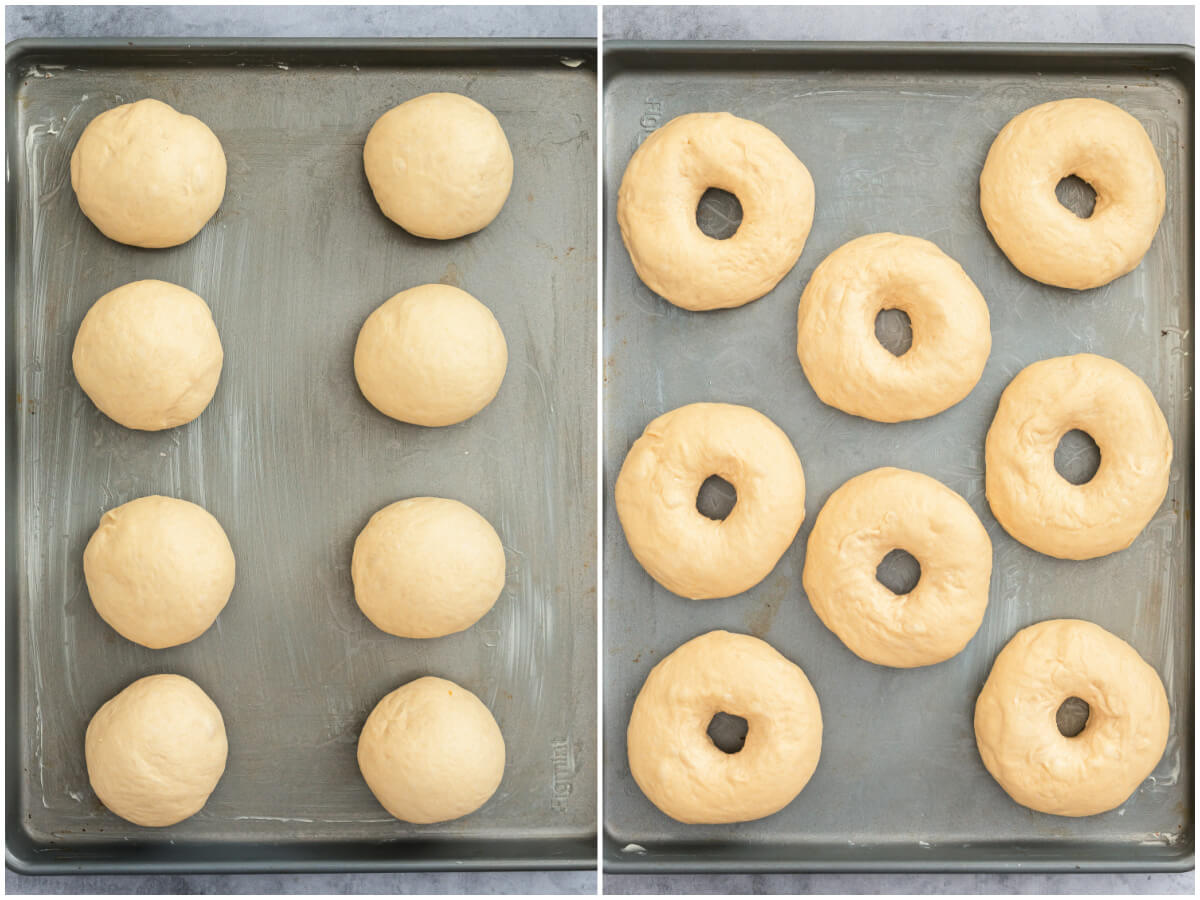 A series of process photos showing how to divide and shape dough for bagels.