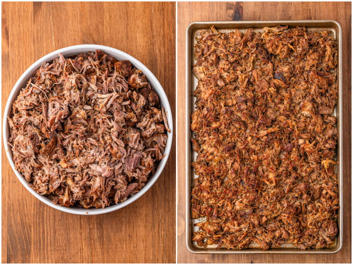 Two process images showing how to crisp up carnitas.