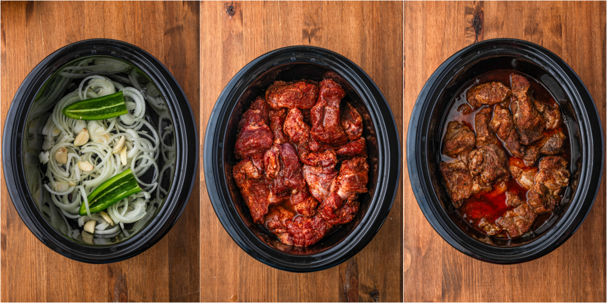A series of process images showing how to make carnitas in a slow cooker.