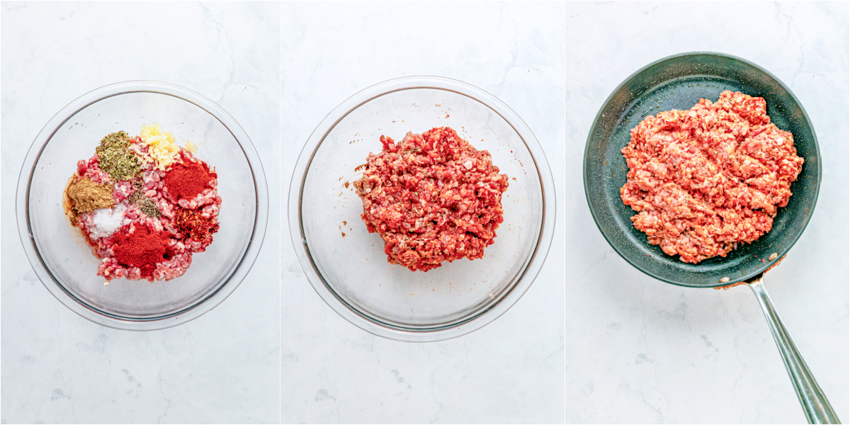 A series of process images showing how to mix and cook chorizo.