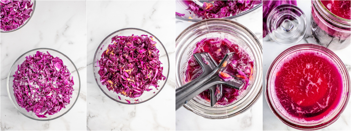 A series of process images showing how to salt and massage red cabbage.