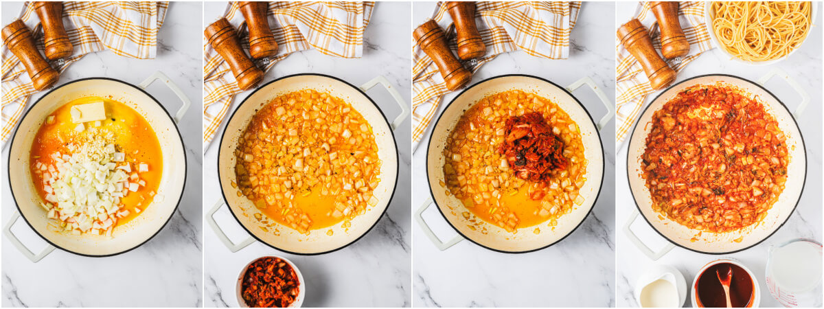 A series of process images showing how to make gochujang pasta sauce.
