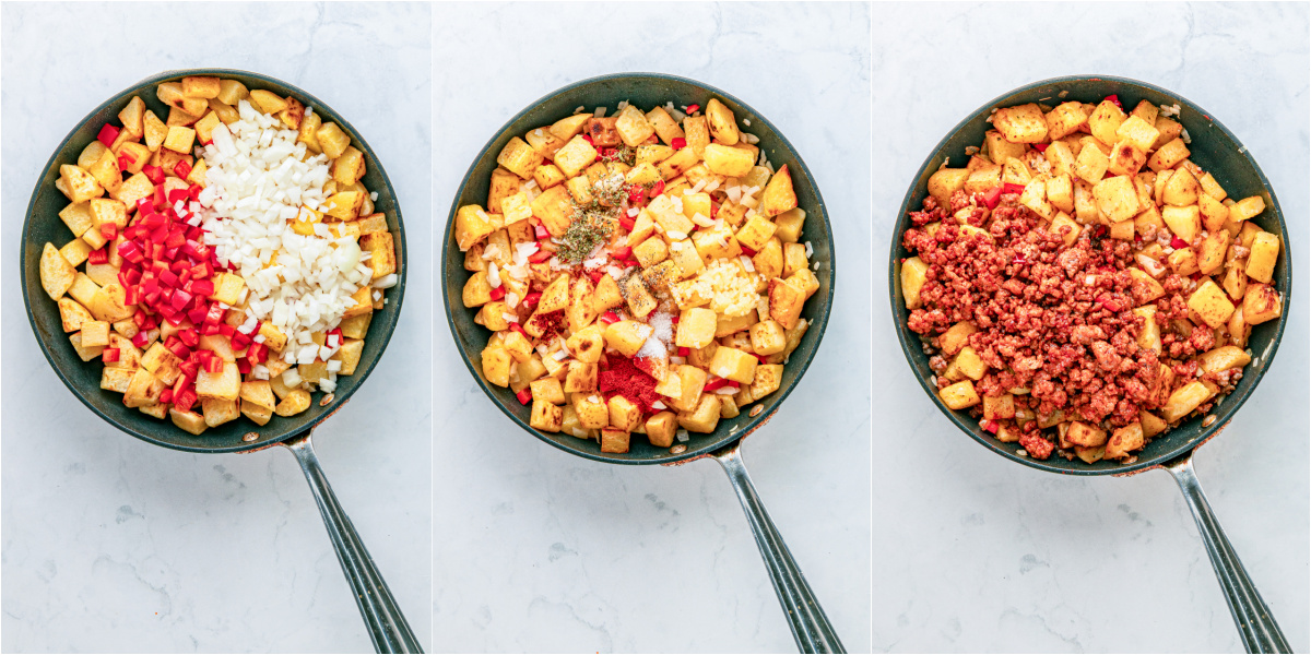 A series of process photos showing how to make papas con chorizo in a cast iron skillet.
