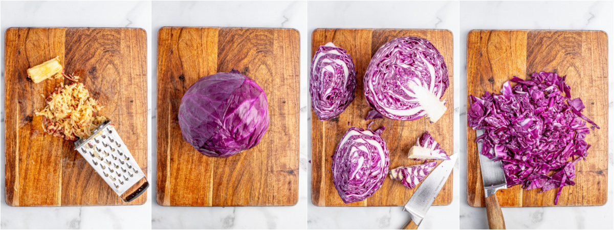 A series of process image showing how to grate apples and shred cabbage to make red cabbage sauerkraut.