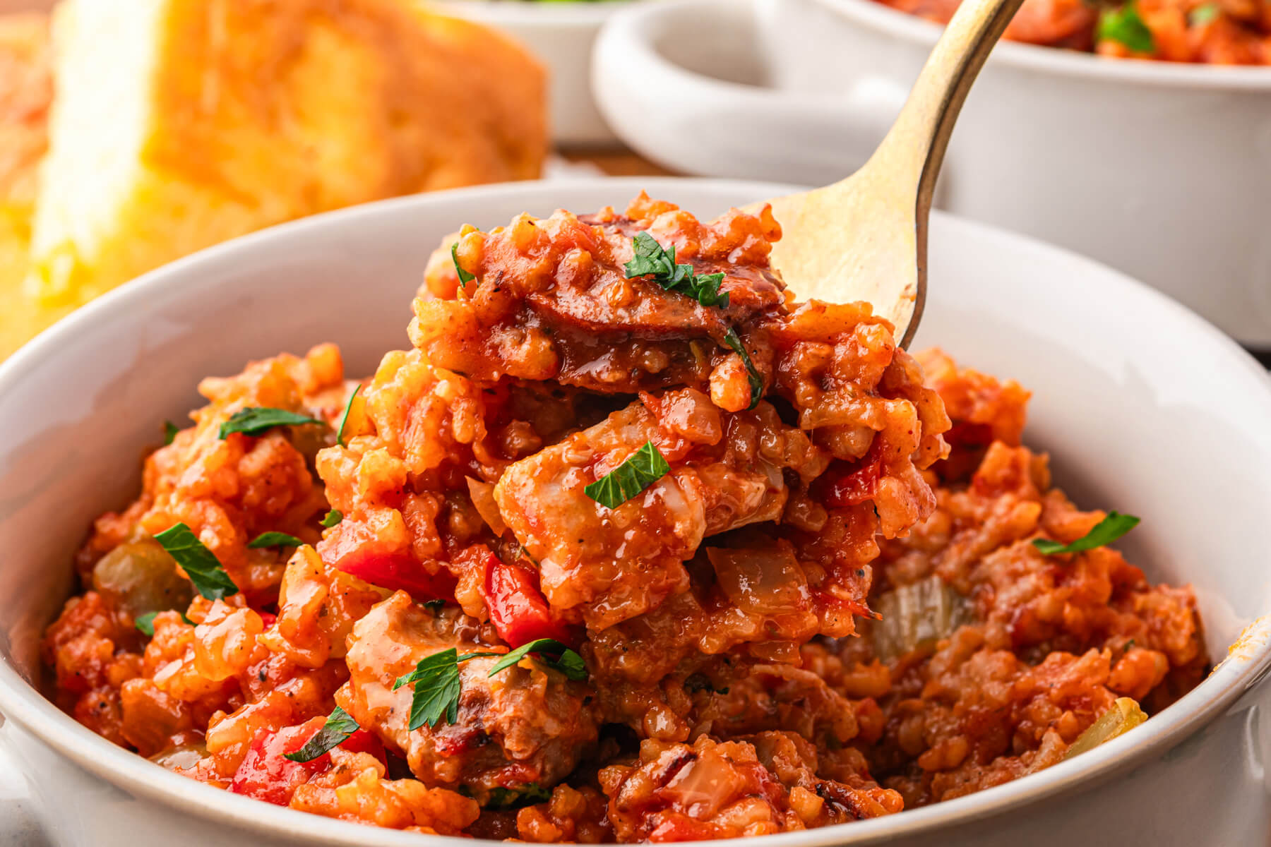 A fork holding a bite of vibrant red sausage chicken jambalaya over a bowl of the same.