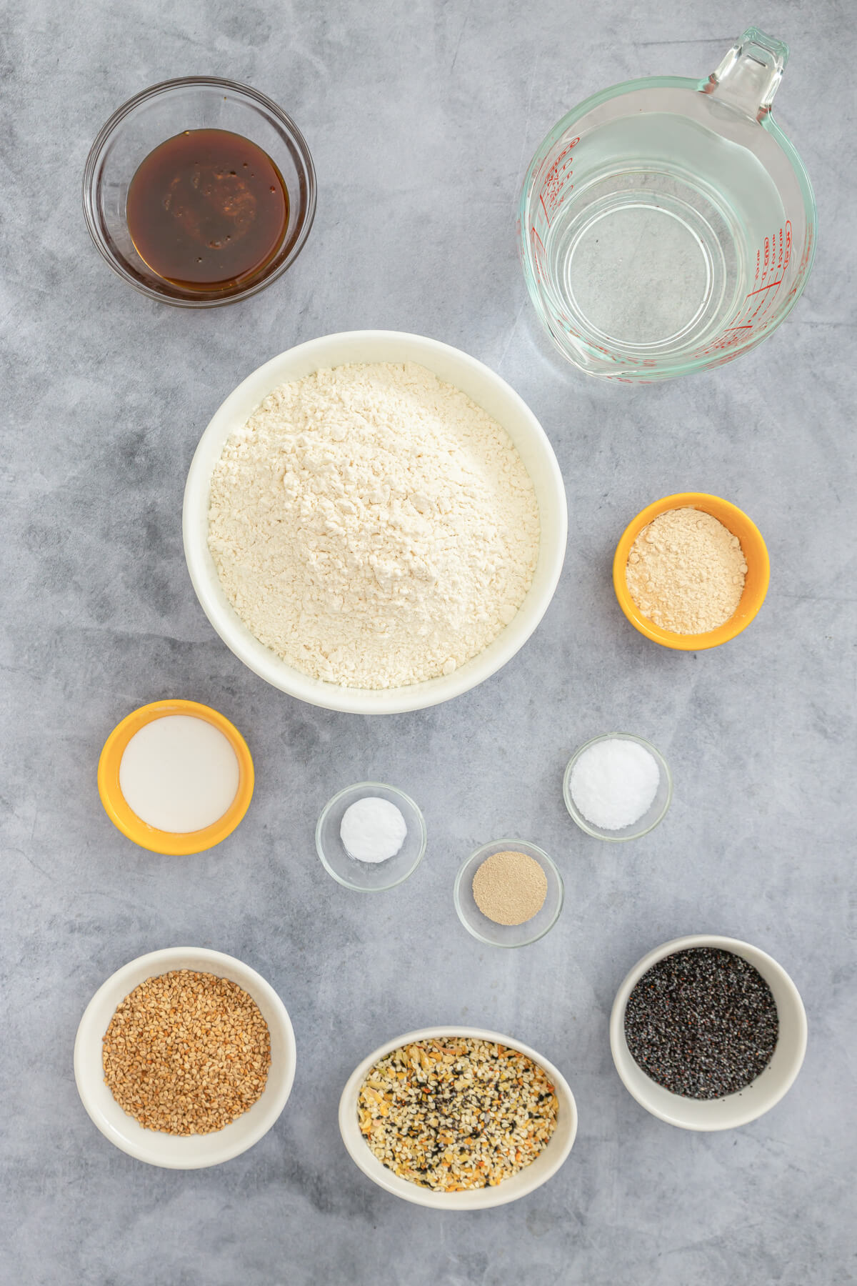 Ingredients required to make homemade bagels.