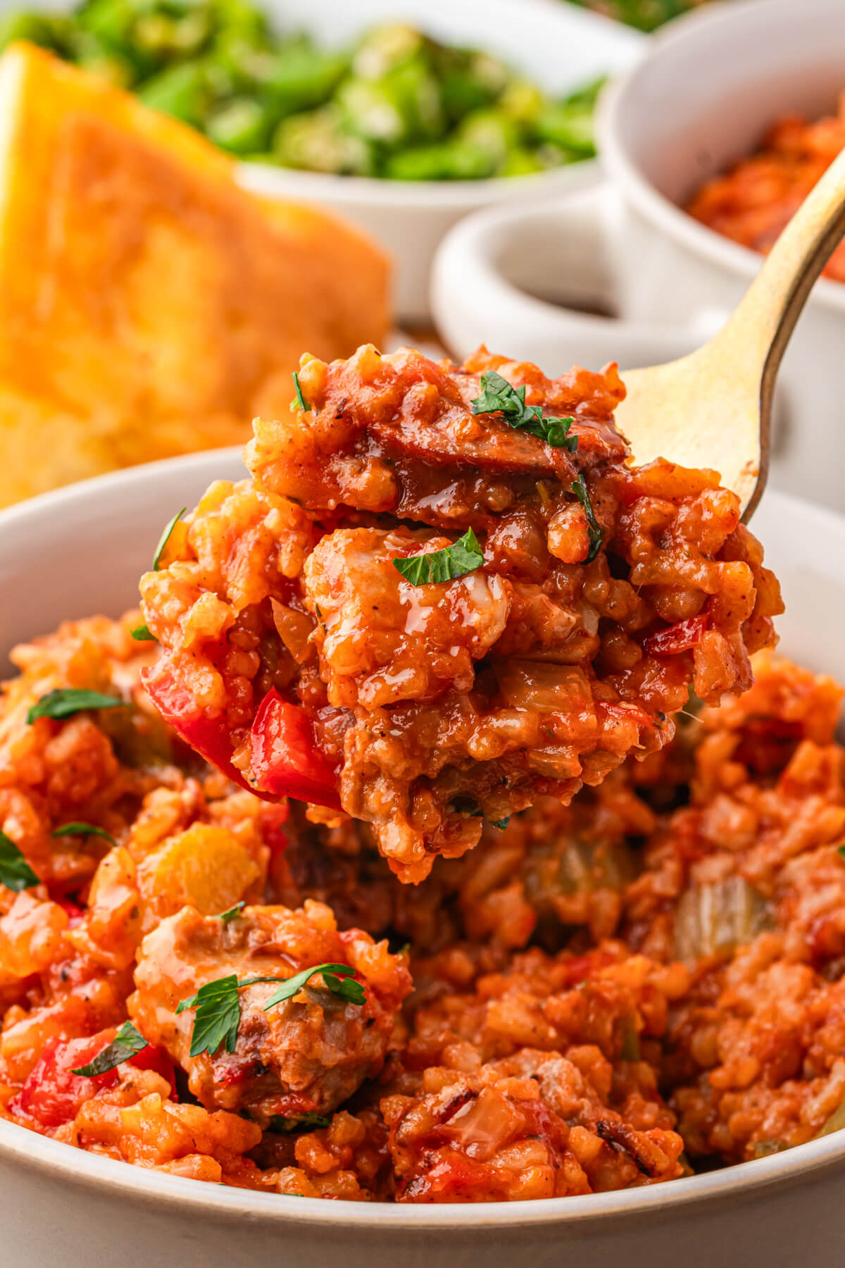 A fork holding a bite of vibrant red sausage chicken jambalaya over a bowl of the same.