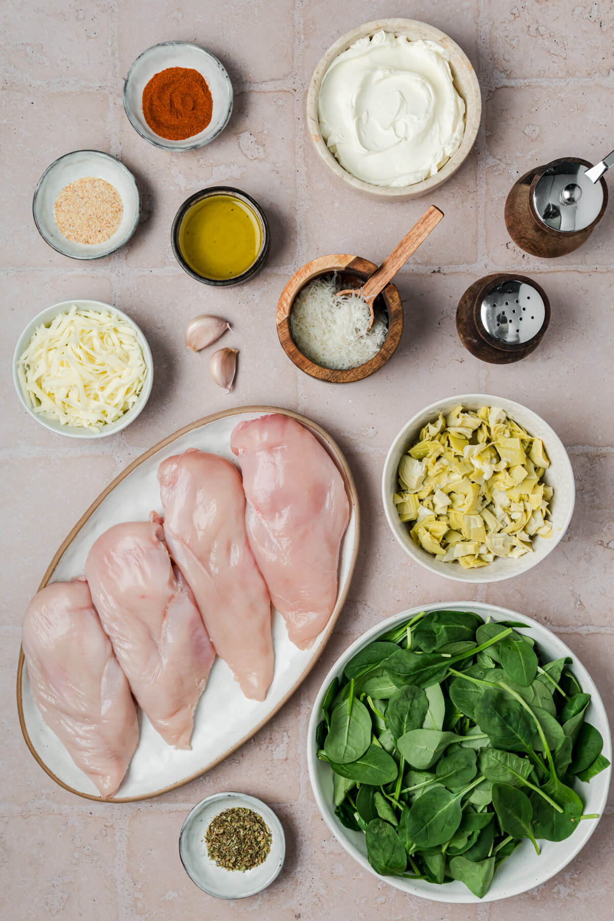 Ingredredients required to make Spinach Artichoke Stuffed Chicken.