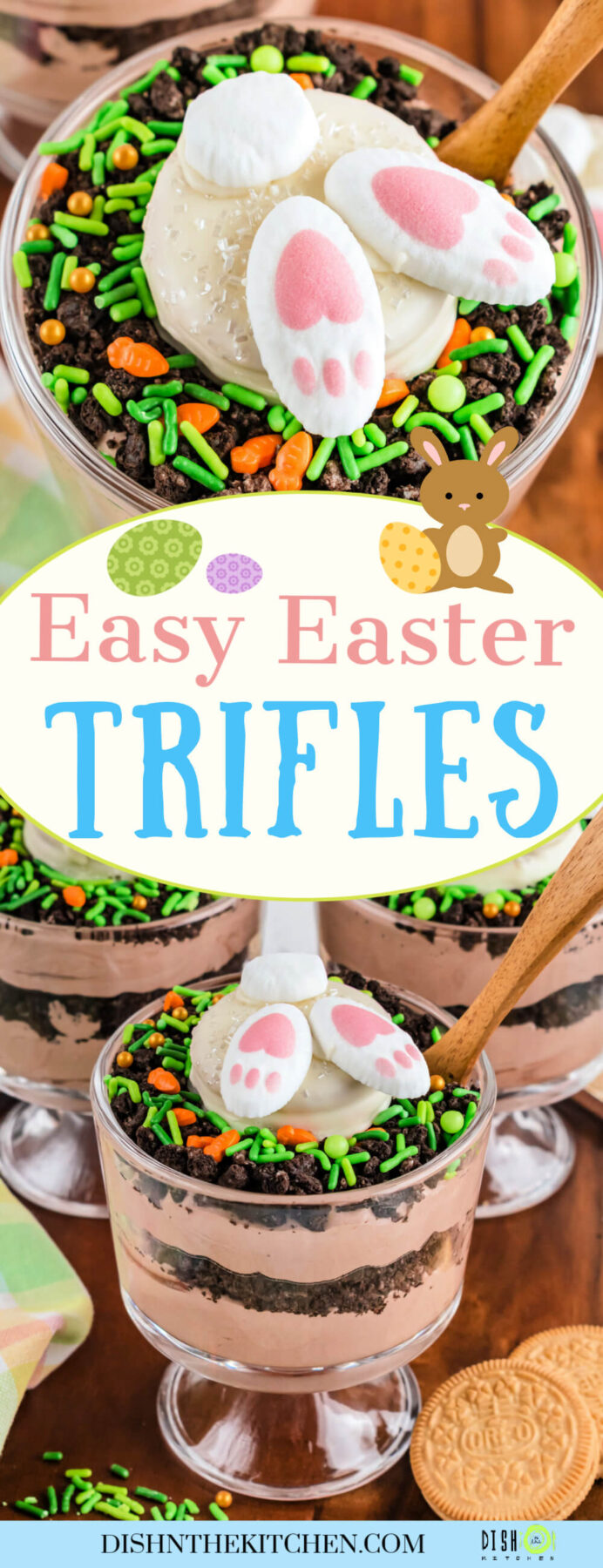 Pinterest image featuring Easter Trifles topped with adorable bunny butt cookies on a dessert table.
