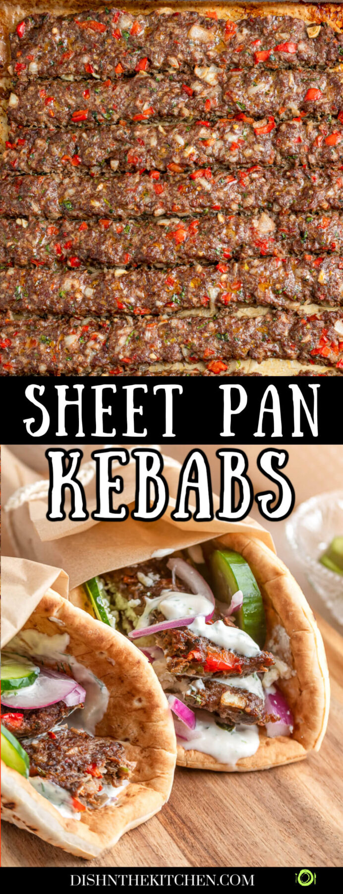 Pinterst image featuring cooked sheet pan kebabs on a baking sheet and in a pita with vegetables and sauce.