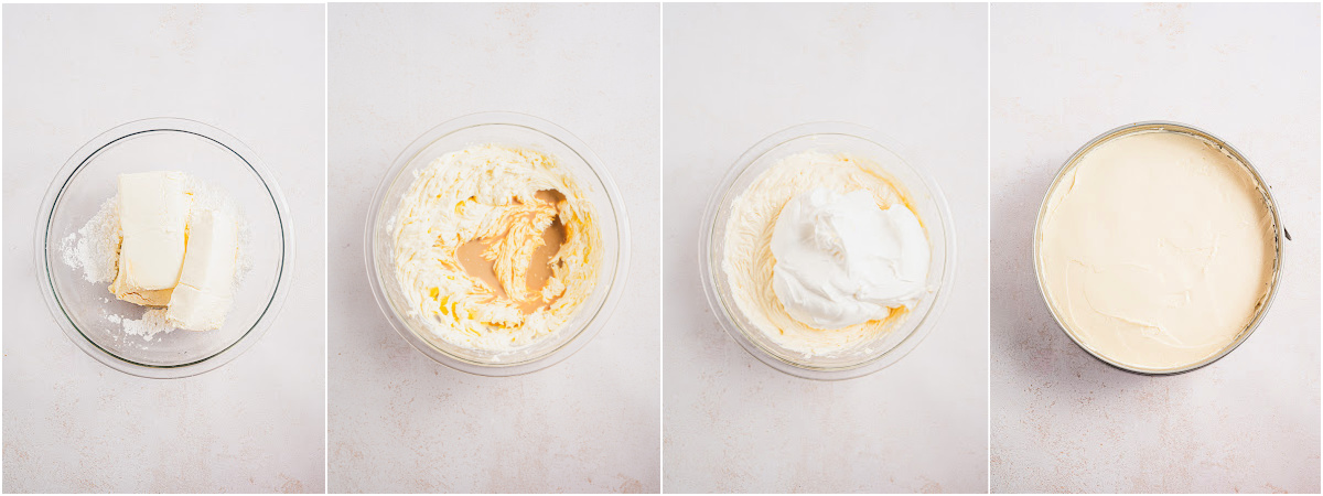 A series of process images showing how to mix up Bailey's cheesecake filling.