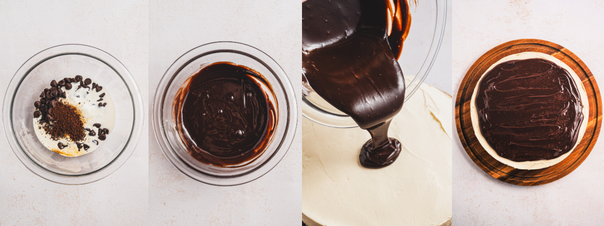 A series of process images showing how to make chocolate espresso ganache and use it to top a cheesecake.